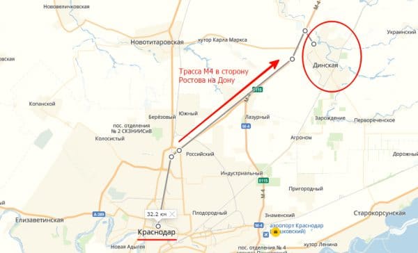 Расположение Динской на карте относительно Краснодара и расстояние до центра города